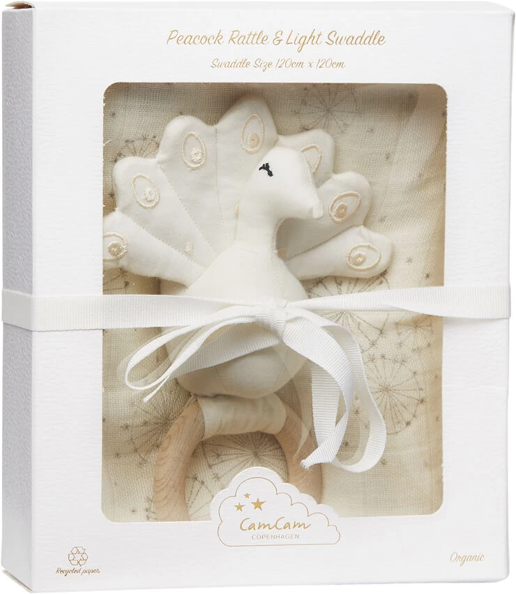 Cam Cam Copenhagen GIFT BOX: SWADDLE & PEACOCK RATTLE